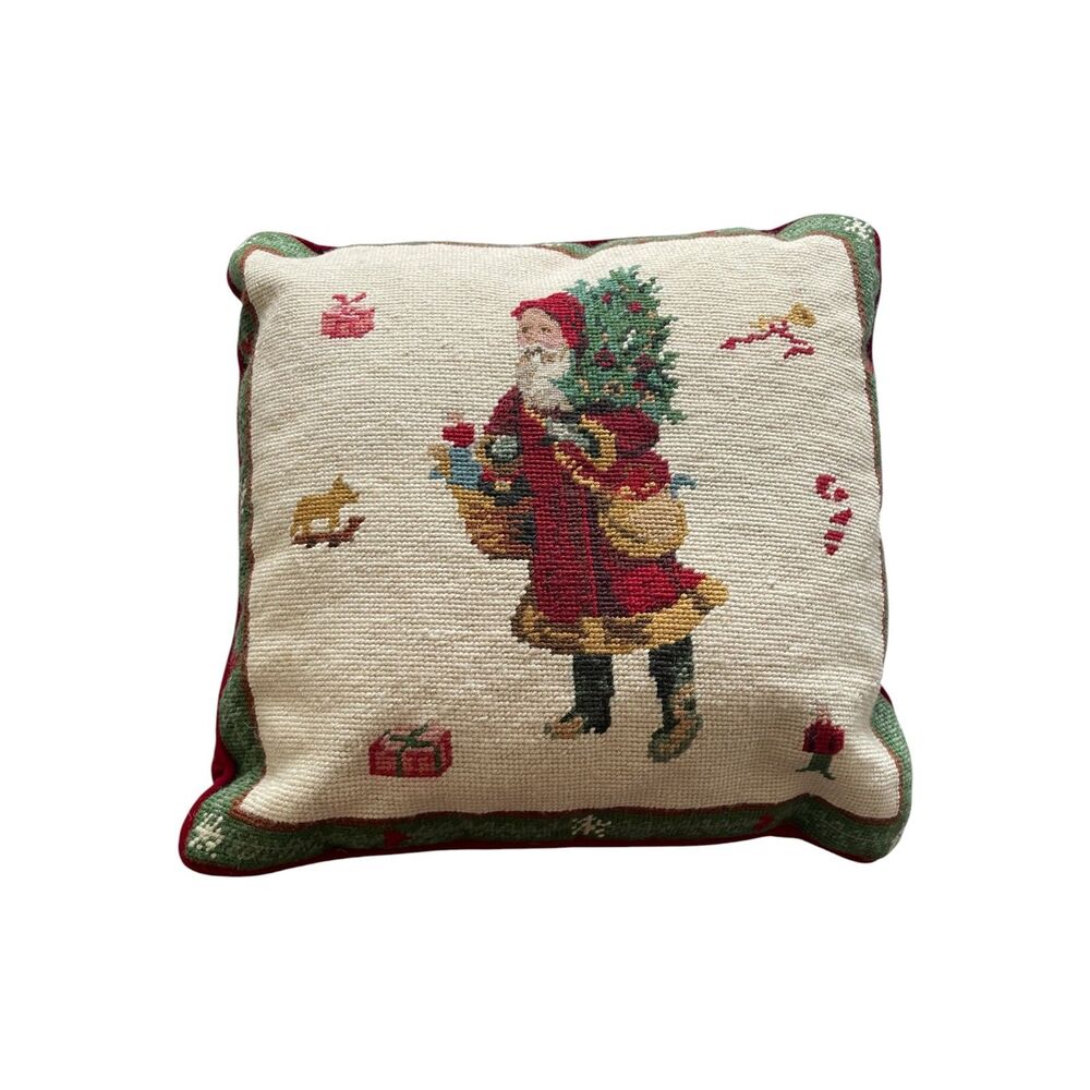 Vintage Needlepoint Christmas Santa Claus St. Nicholas Pillow Cottagecore